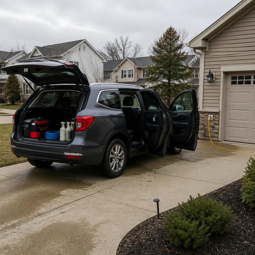 Suburban Cleveland driveway with SUV parked, doors open, exterior outlet visible