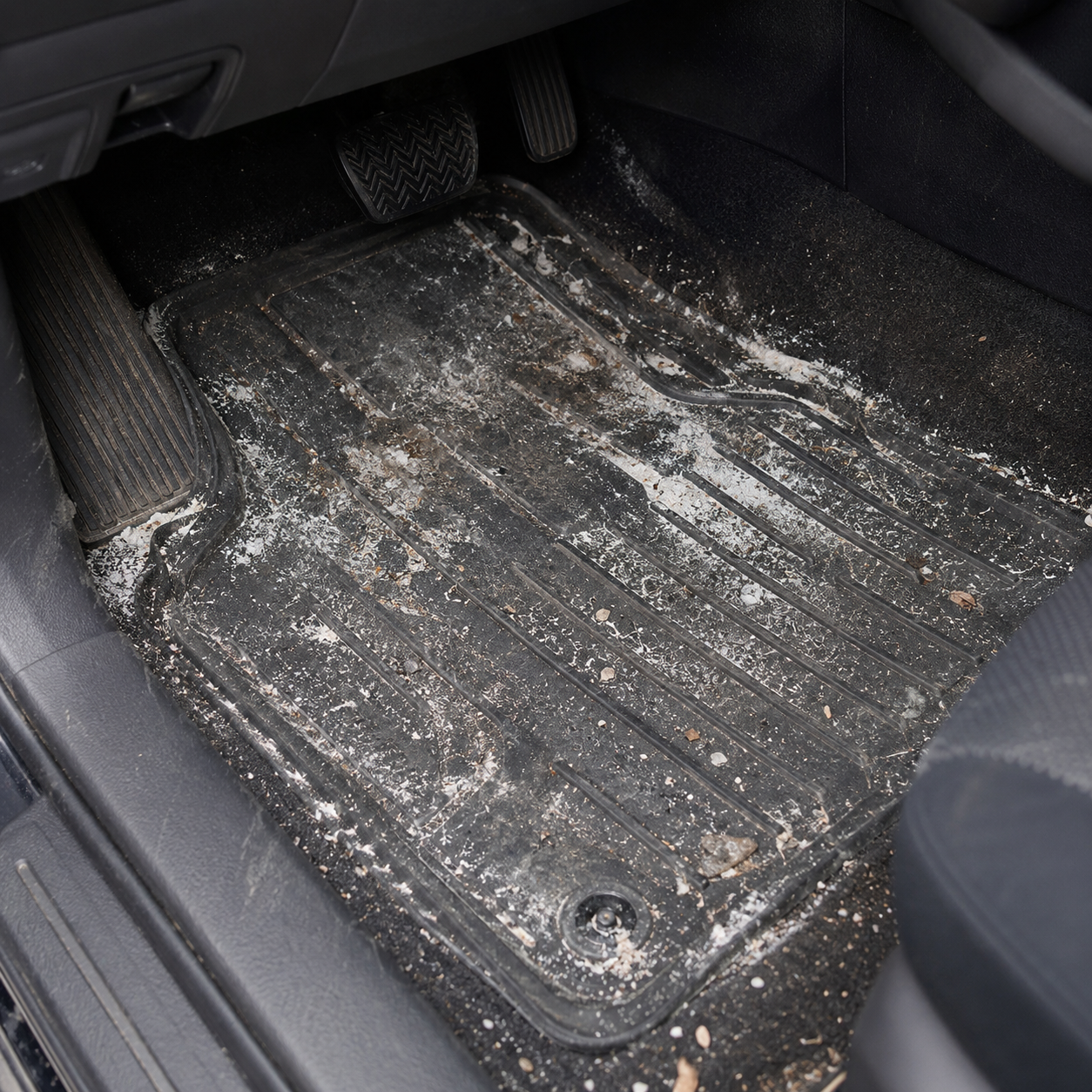 Salt-stained black driver-side floor mat before interior detailing in Cleveland